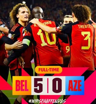 欧预赛：比利时5-0大胜十人阿塞拜疆，卢卡库半场大四喜